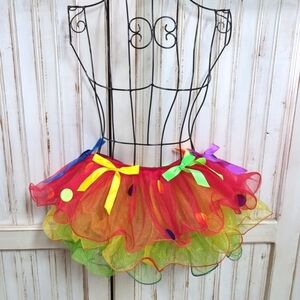 Multi color tutu with ribbons and polka dots.